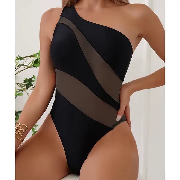 Maille Patchwork voir à travers maillot de bain femmes Sexy une épaule maigre une pièce maillot de bain 2025 nouvelle vacances plage dame maillot de bain