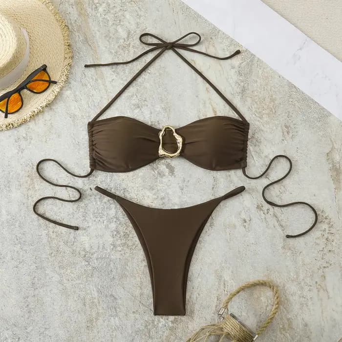 Ensemble de bikini string pour femmes, vêtements de plage tendance, maillot de bain triangle sexy, maillot de bain brésilien deux pièces, maillot de bain uni
