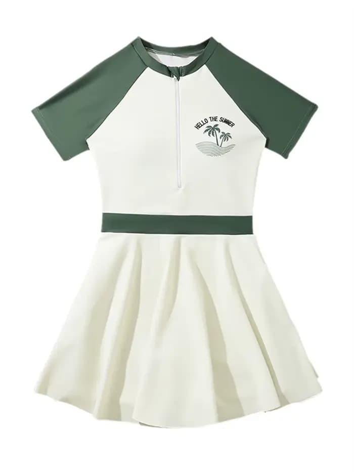 Enfants maillot de bain filles 2026 nouveau solide manches courtes robe longue fermeture éclair maillots