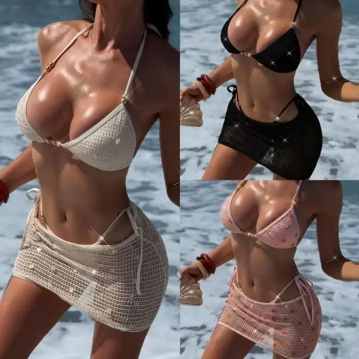 Ensemble bikini trois pièces en maille à sequins avec jupe