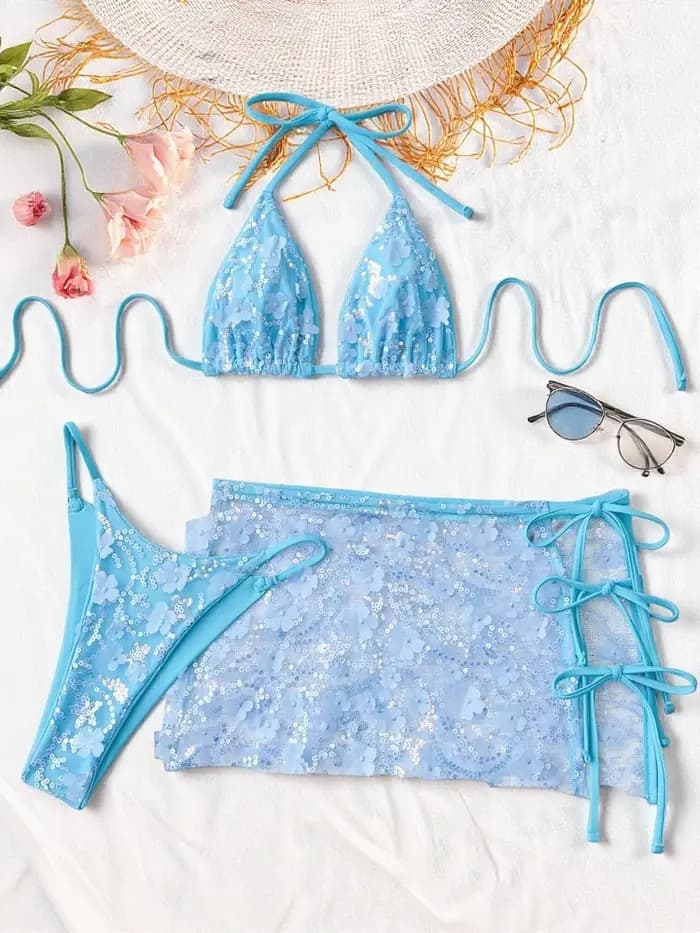 Ensemble bikini 3 pièces en maille rose à paillettes brillantes pour femme