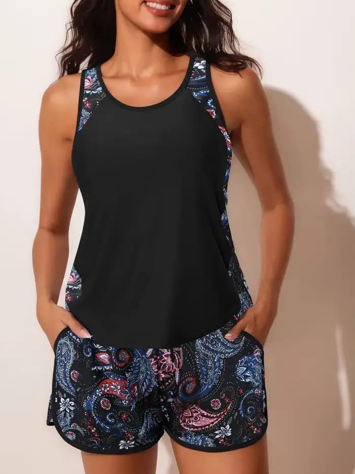 Maillot de bain deux pièces femme 2026 Nouveau imprimé uni cache-ventre Tankini d'été taille haute p