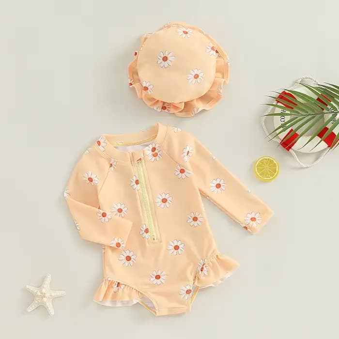 Maillot de bain à manches longues pour bébé fille, avec chapeau, imprimé floral, fermeture éclair, bikini, pour enfants