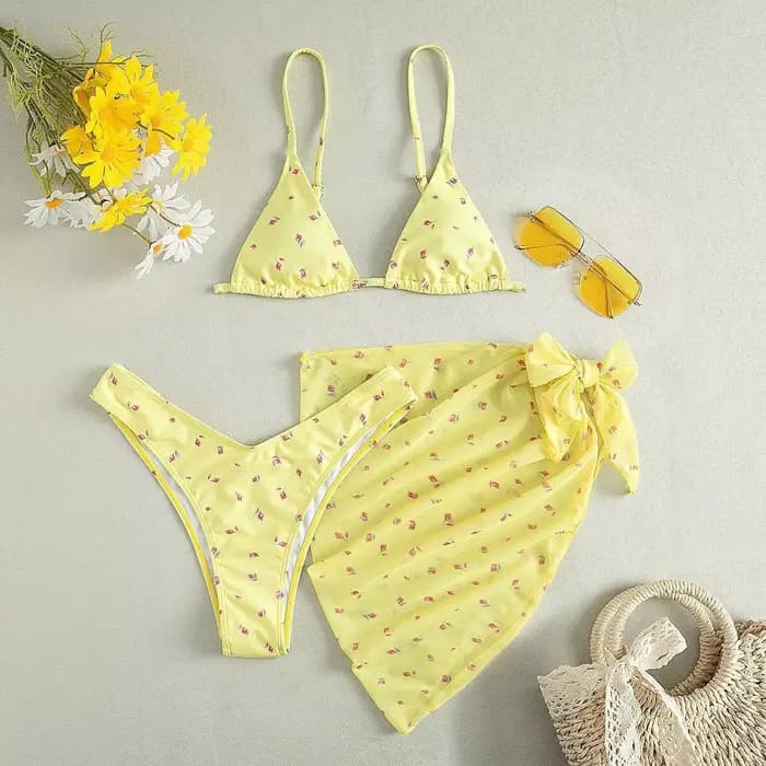 2025 vêtements de plage Bikinis jaune maillot de bain imprimé fleuri maille Cove Ups 3 pièces Bikini