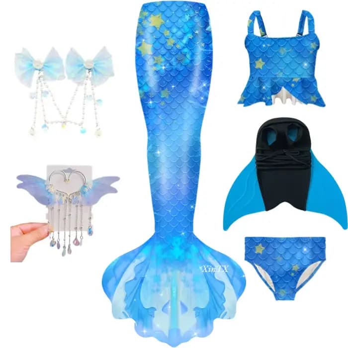 Maillot de bain queue de sirène pour enfants, cosplay monopalme pour enfants, bikini avec oreilles de beauté, palmes d'Halloween, peut nager