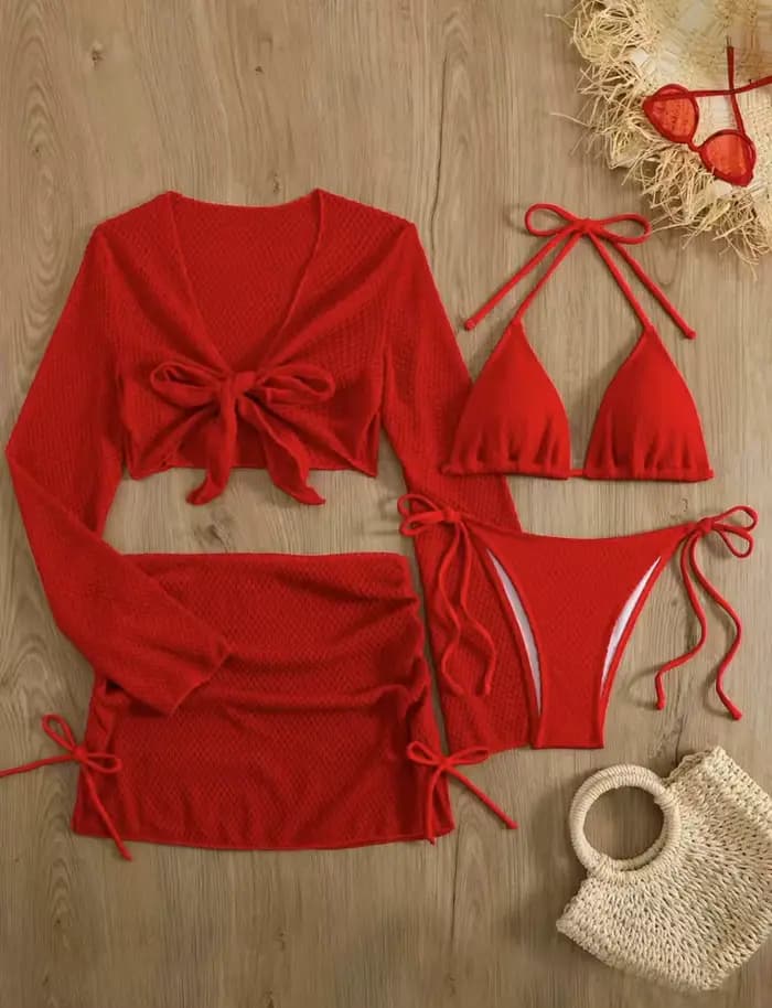 Maillot de bain sexy blanc et rouge pour femme 2026, ensemble 4 pièces avec jupe à cordon de serrage