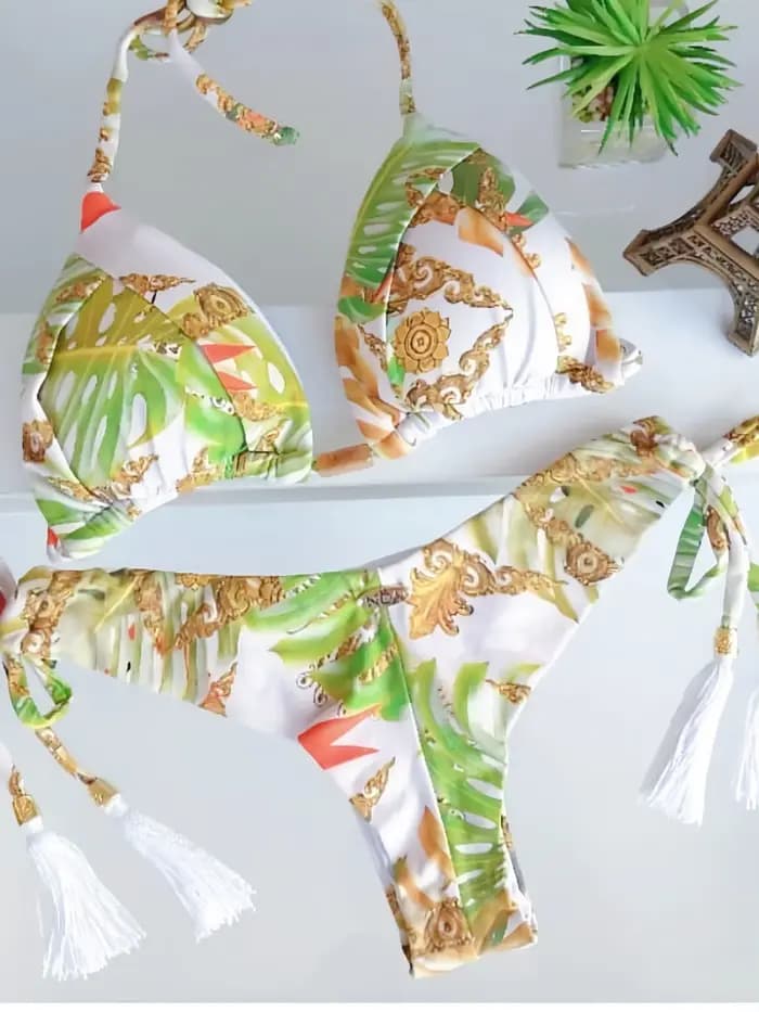 Ensemble de maillot de bain bikini à franges pour femme - Taille basse imprimée avec lien à nouer | Vacances d'été à la