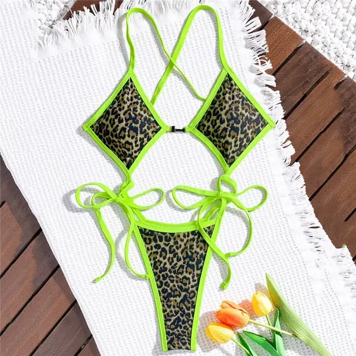 Maillots de bain une pièce à imprimé léopard pour femmes, bikini triangle à lacets, maillot de bain