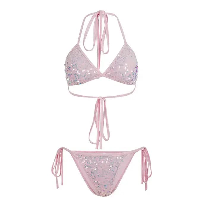 Ensemble de bikini sexy en dentelle rose à lacets pour les vacances à la plage