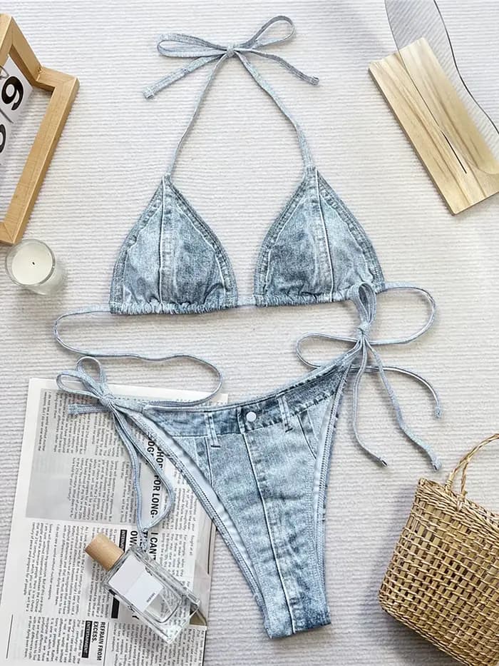 Maillot de bain deux pièces en denim imprimé, style halter, à bretelles, coupe haute, pour femme, ensemble bikini K5779