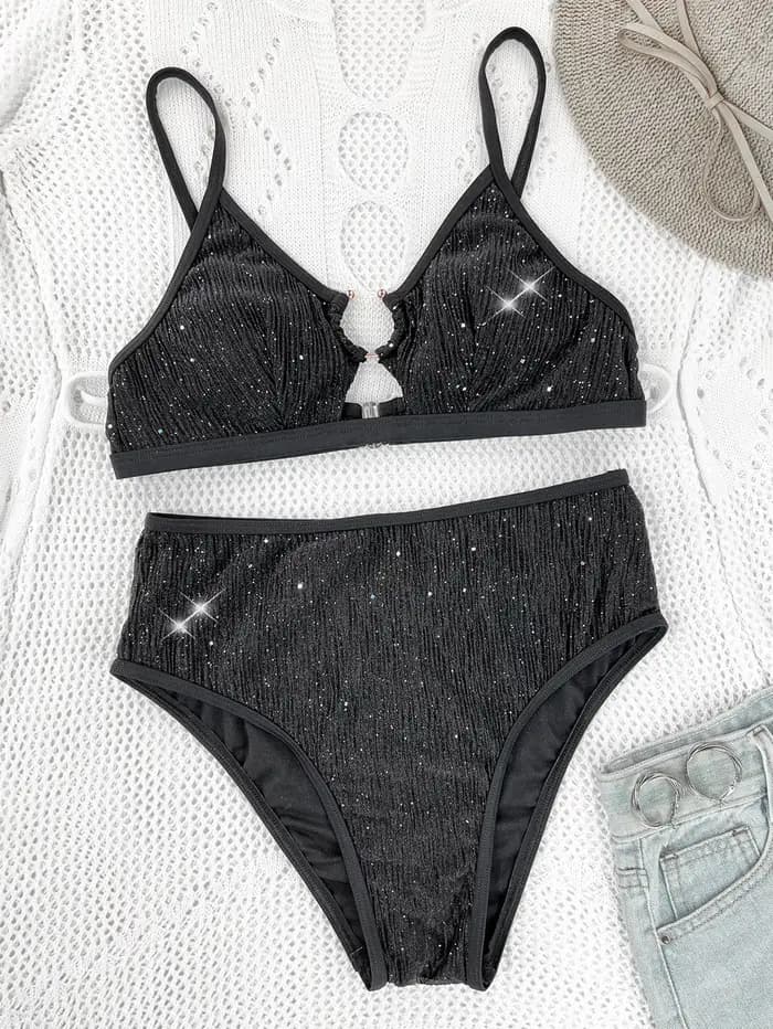 Maillot de bain deux pièces noir brillant pour femme