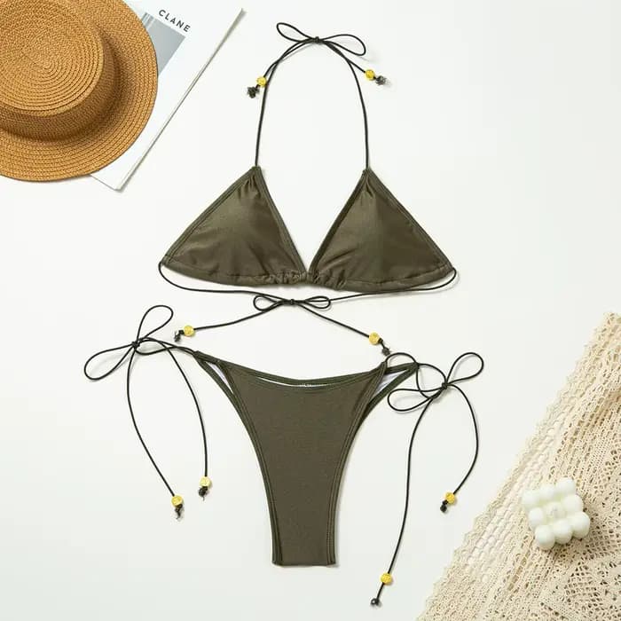 Femmes Bikini deux pièces été Sexy licou cou String taille haute dos nu solide mince vacances plage
