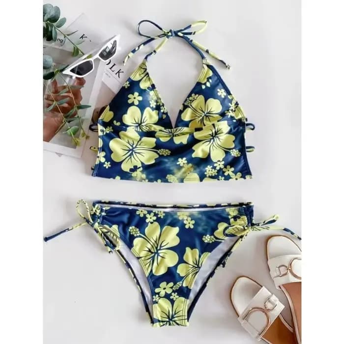 Maillot de bain à motif Floral pour femmes, ensemble deux pièces, col en V, col licou, lacets sur le côté, vêtements de plage, nouvelle collection 2025