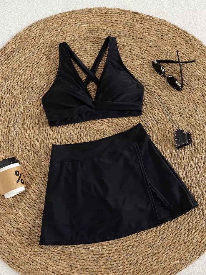 Ensemble bikini noir torsadé sur le devant pour femme avec jupe, maillot de bain 3 pièces taille hau