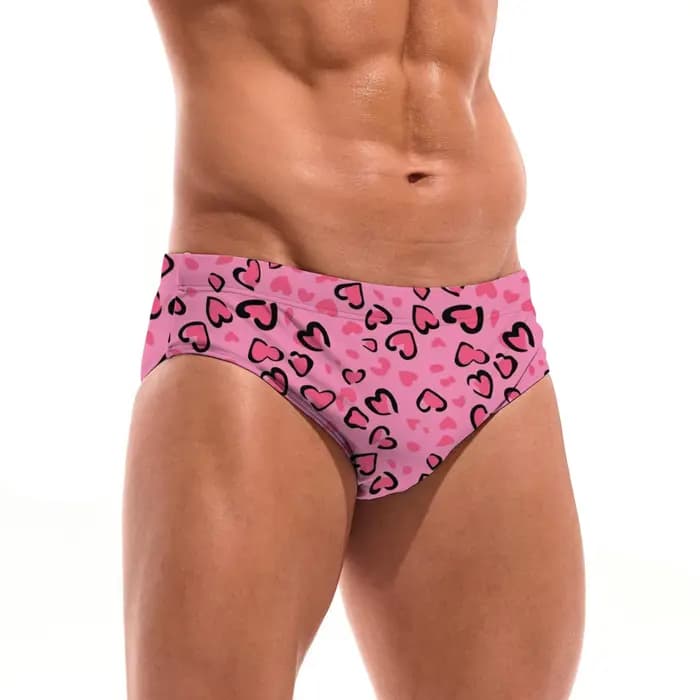 Maillot de bain sexy pour homme à imprimé léopard cœur rose