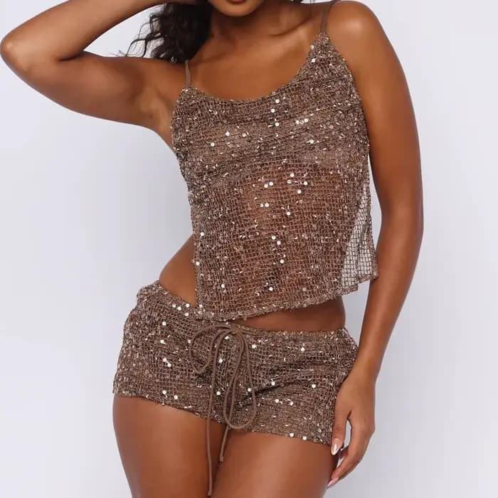 Ensemble de plage d'été sexy pour femme, débardeur sans manches dos nu à lacets et paillettes + short, tenue unie transparente style mode urbaine