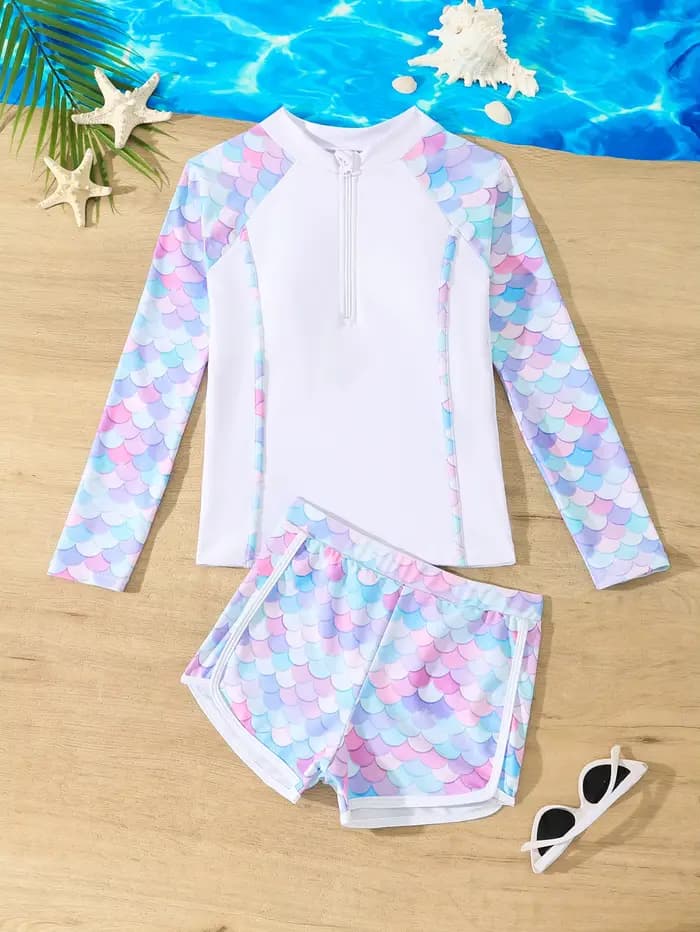 Maillot de bain fille 2025 rose à manches longues