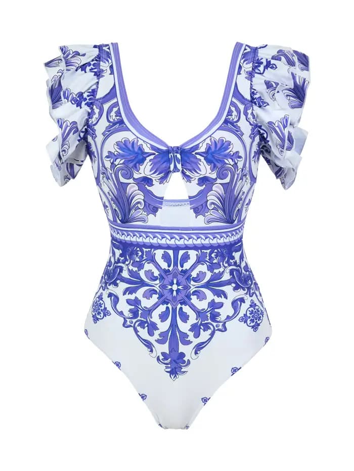 Maillot de bain une pièce moulant pour femme, imprimé porcelaine bleu et blanc, avec ensemble de paréo, pour les vacances à la plage