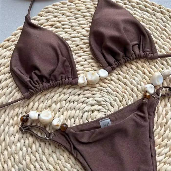 Femmes Bikini ensemble perlé sans manches soutien-gorge avec taille basse slips maillot de bain vacances d'été 2 pièces