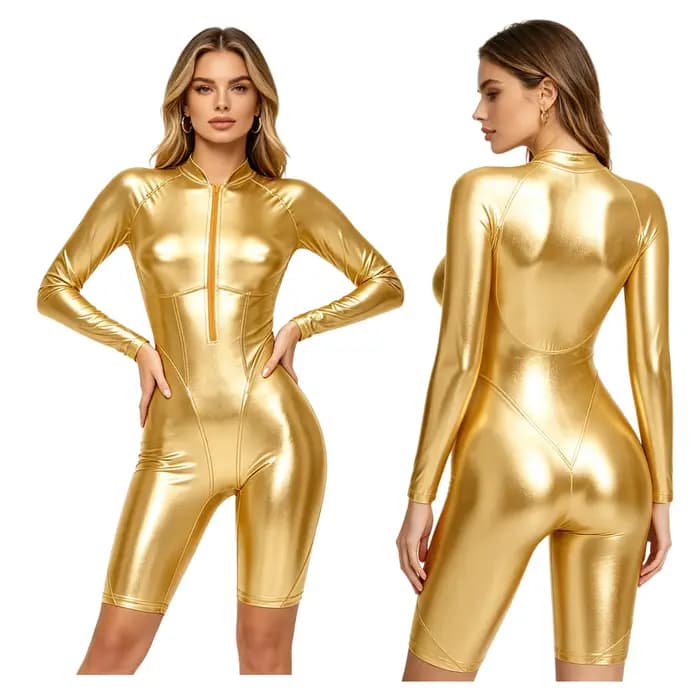 Combinaison moulante irisée à manches longues pour femme, effet métallisé brillant, short, maillot de bain une pièce, tenue de soirée disco