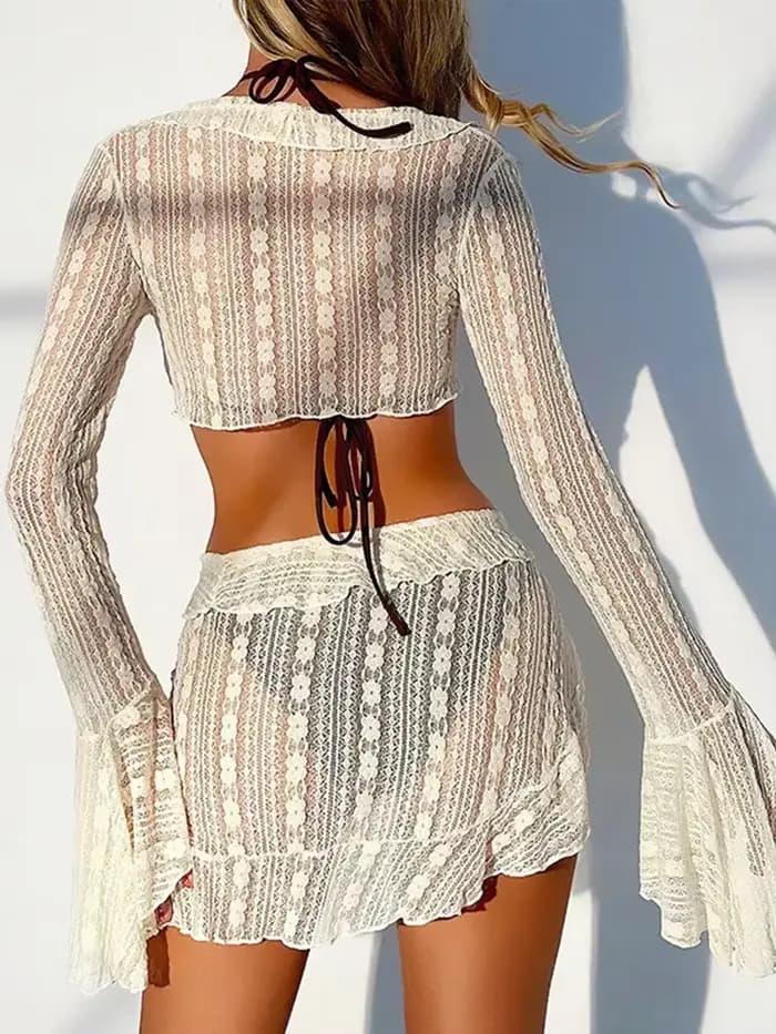 Maille Bikini quatre pièces ensemble pour femmes Lingerie Sexy à lacets Transparent hanche paquet jupe tenues 2025 été Chic dame plage ensemble