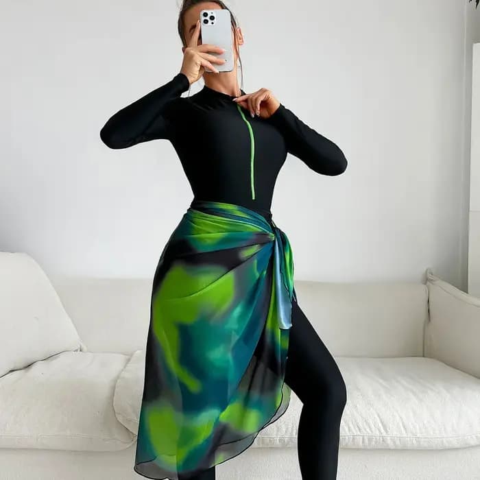 Maillot de Bain Burkini à Manches sulfpour Femme Musulmane, Haut Modeste avec Gaze Verte éventuelles F 50 +, Ensemble à la Mode, 3 Pièces