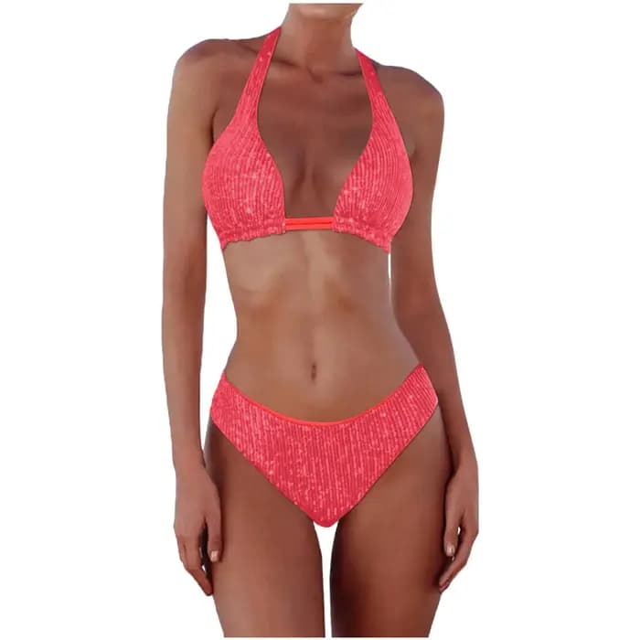 Ensemble de bikini scintillant à paillettes pour femmes, maillot de bain sexy brésilien à col halter et taille basse, couleur unie brillante, idéal pour les vacances à la plage