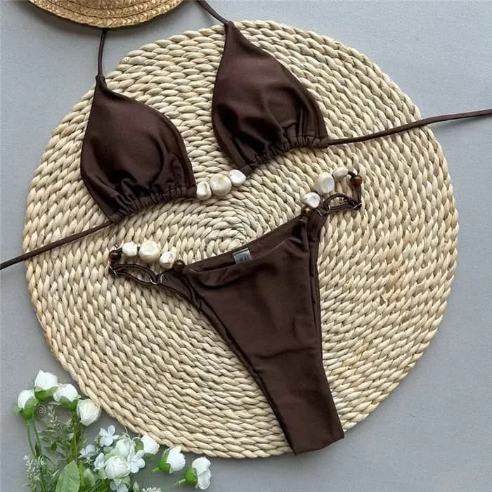 Femmes Bikini ensemble perlé sans manches soutien-gorge avec taille basse slips maillot de bain vacances d'été 2 pièces