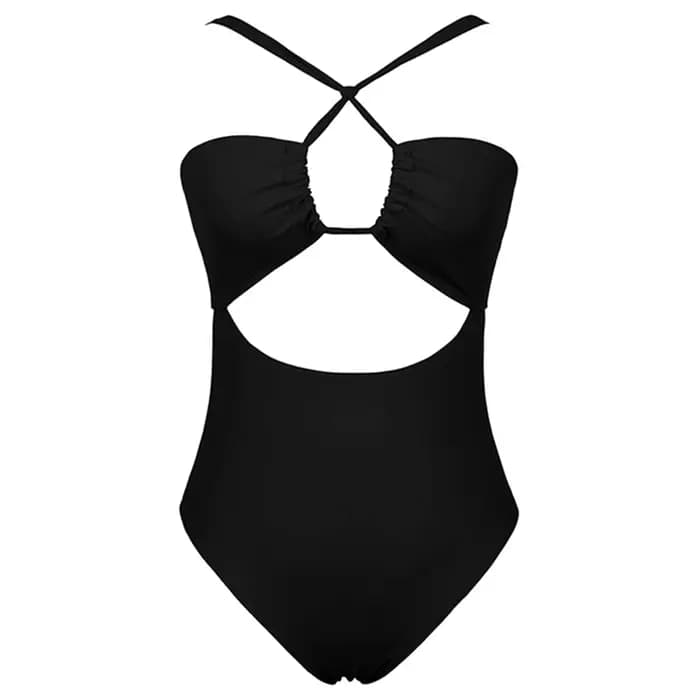 Maillot de bain une pièce noir, taille haute, dos nu, col frontal, pour femmes