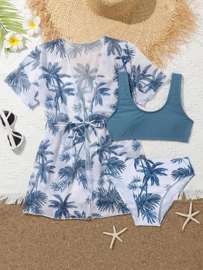 Ensemble 3 pièces imprimé : Maillot de bain pour filles 2026 avec kimono, tenue de bain pour enfants, maillot de bain féminin, vêtements de plage