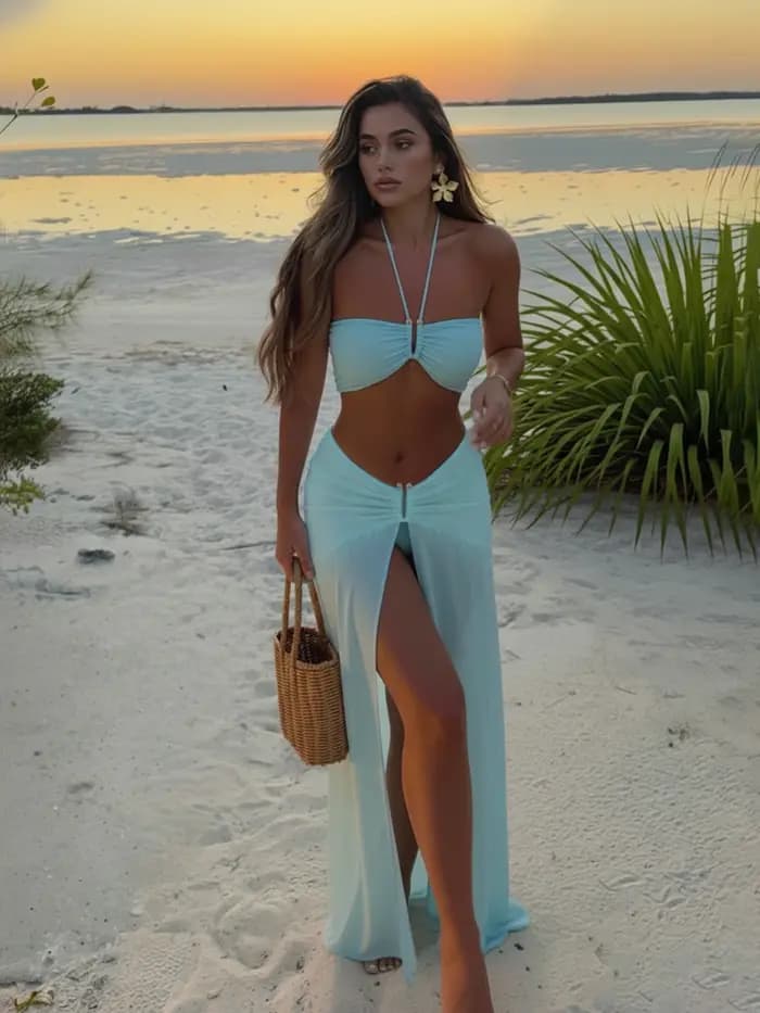 Ensemble Bikini 3 pièces à col licou avec jupe Maxi fendue transparente