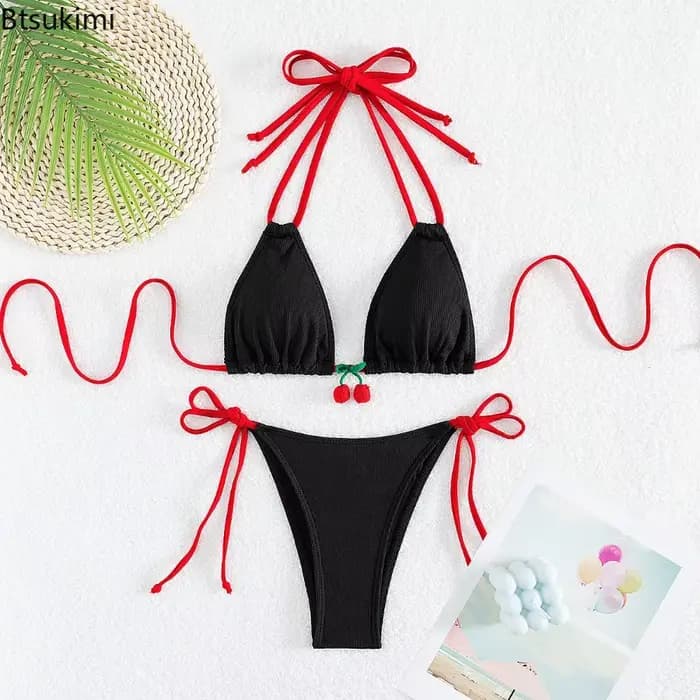 Ensemble de maillot de bain bikini été 2026 tendance sexy dos nu 2 pièces pour femme avec lacets et taille haute pour la plage