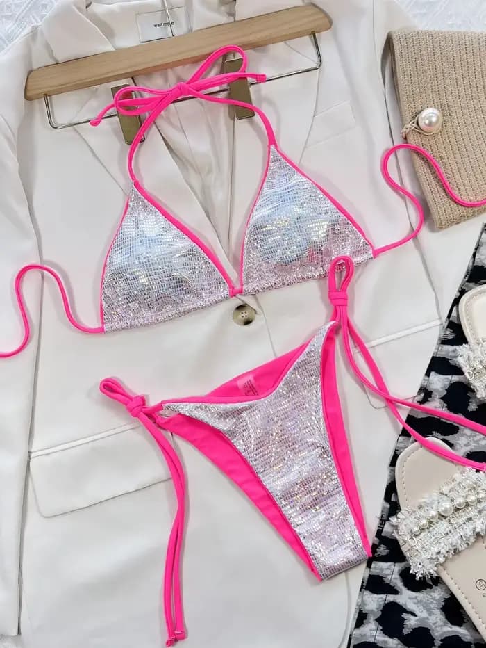 Bikini 2026 Sexy Triangle Paillettes Brillantes Maillot de Bain Femme Halter Ensemble Bikinis Tenue