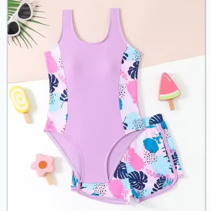 Maillot de bain une pièce avec short pour filles de 8 à 12 ans, maillot de bain imprimé pour enfants