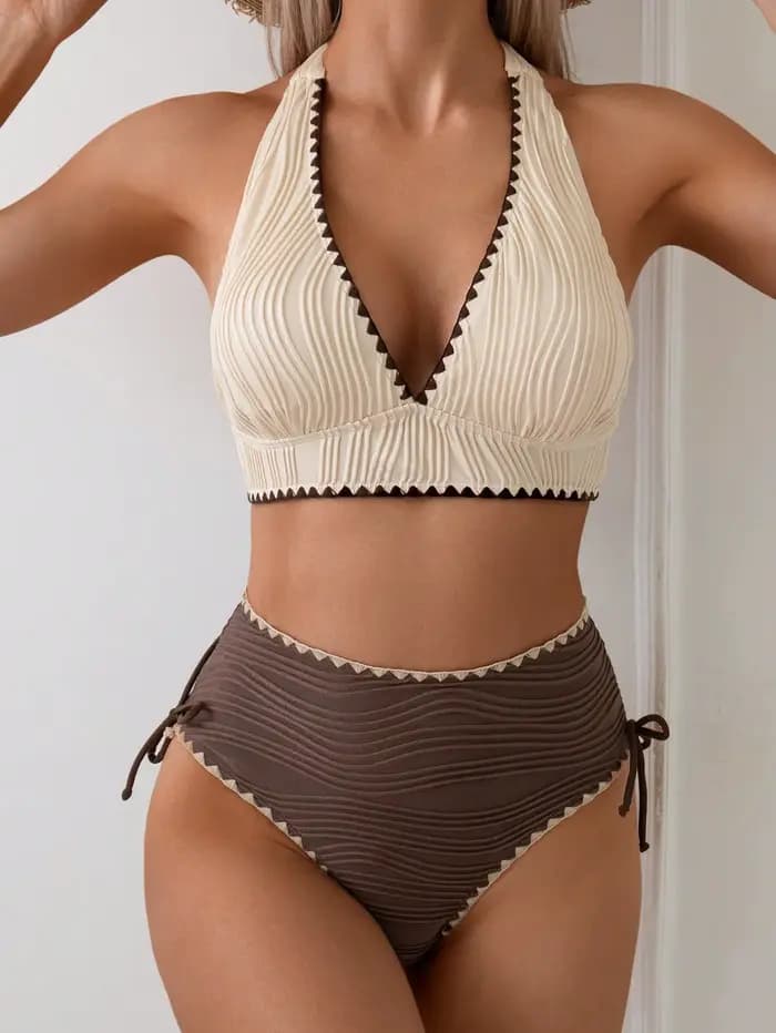Ensemble de bikini taille haute pour femme, maillot de bain en dentelle, col halter en V, tenue de plage estivale, maillot de bain côtelé sexy