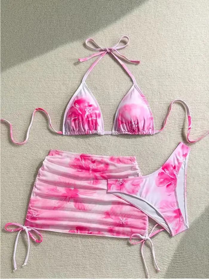 Sexy 3 pièces ensemble Bikini femmes imprimé maillot de bain fendu sangle de cou
