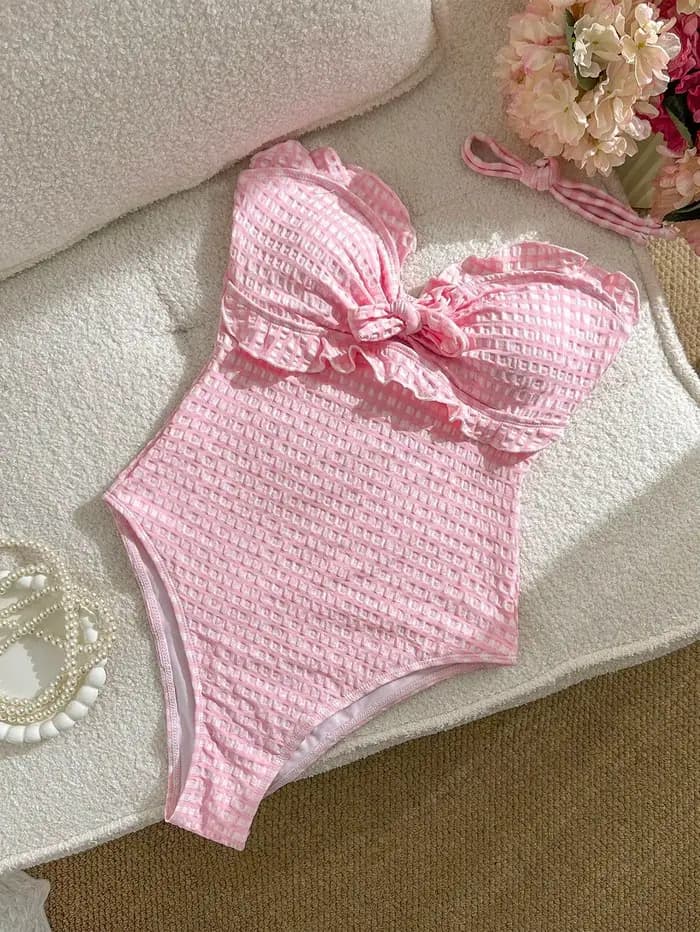 Maillot de bain une pièce sexy à épaules dénudées avec nœud, découpes, imprimé écossais, volants et