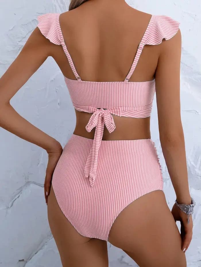 Ensemble bikini rose rayé à volants pour femmes, maillot de bain deux pièces froncé à col en V et taille haute pour les vacances à la plage
