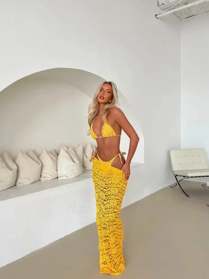 Sexy dentelle 3 pièces Bikini avec jupe licou femmes dentelle soutien-gorge maillot de bain maillot de bain maillots de bain vacances décontracté femme