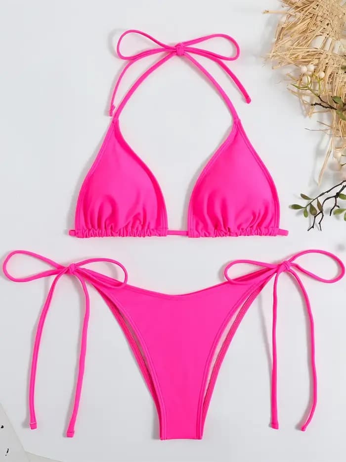 Sexy marron Bikini 2024 femmes solide rouge licou Push Up soutien-gorge cravate côté Triangle maillot de bain été