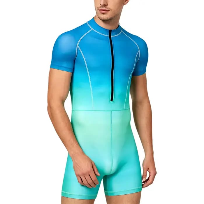 Combinaison de bain dégradée pour homme, manches courtes, avec fermeture éclair, pour la natation, le surf, la plage, la piscine et les sports nautiques