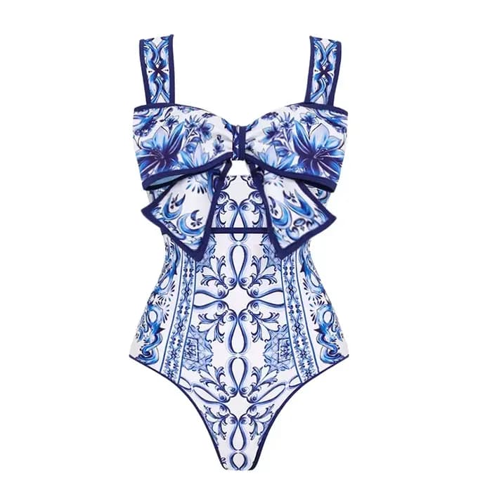 FLAXMAKER-Maillot de bain imprimé Majolica avec nœud décoratif, ensemble une pièce sexy, bikini, push up