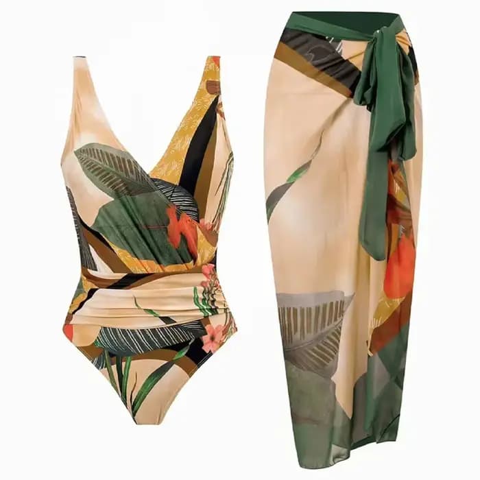 Vintage femmes flore imprimé Bikini ensembles maillot de bain et jupe Sexy asymétrique une pièce maillots