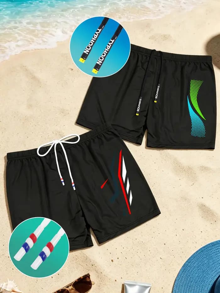 Lot de 2 maillots de bain imprimés pour hommes, tissu à séchage rapide, confortable, coupe ajustée, avec cordon de serrage réglable pour la plage