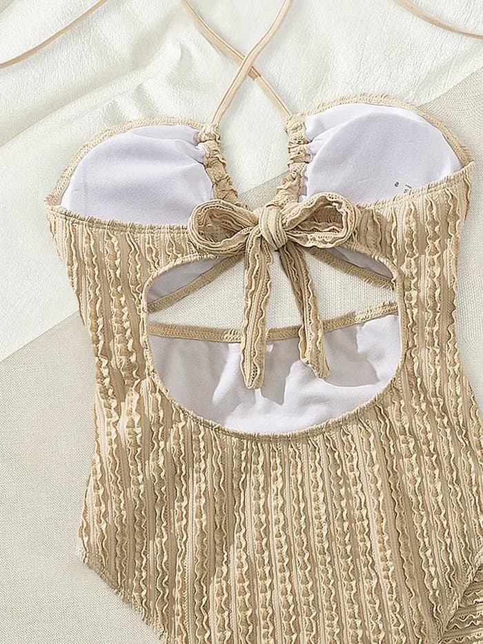 Vintage kaki une pièce maillot de bain maille jupe ensemble femmes licou croix évider mince maillots