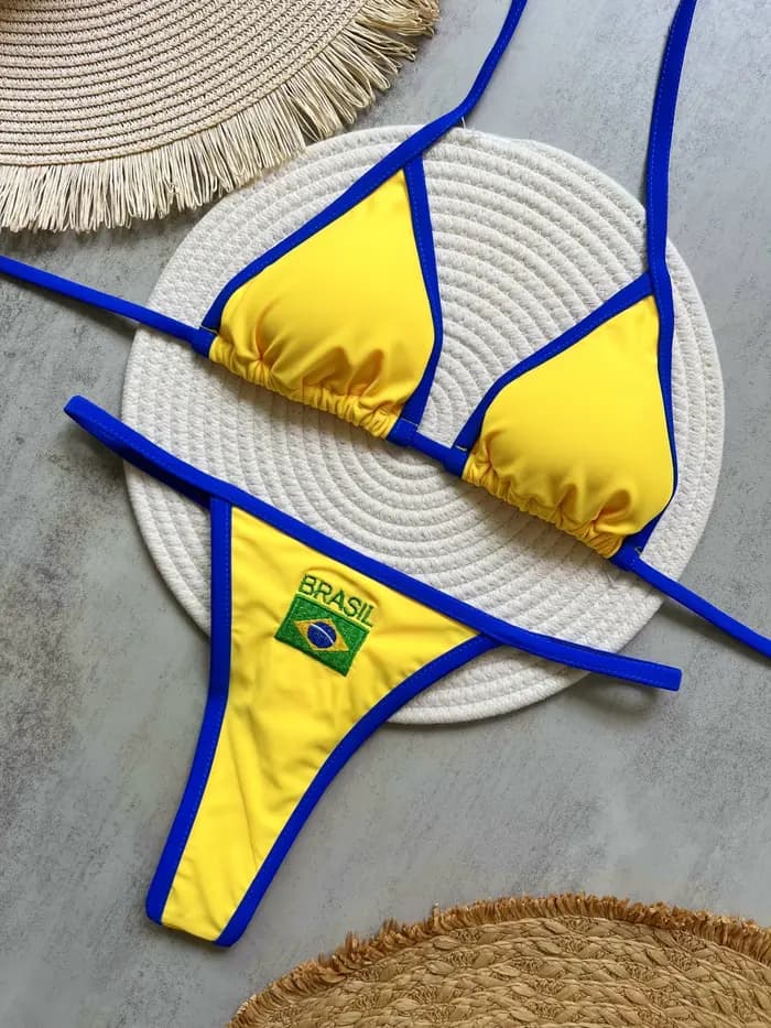 RUOTONSEPT Sexy broderie drapeau du brésil contraste fendu Bikini ensemble femmes maillots de bain Patchwork maillot