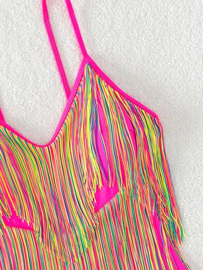 Maillot de bain une pièce sexy et coloré à franges 2026 pour femme, rose vif, push-up, effet ventre plat, dos nu, monokini de plage
