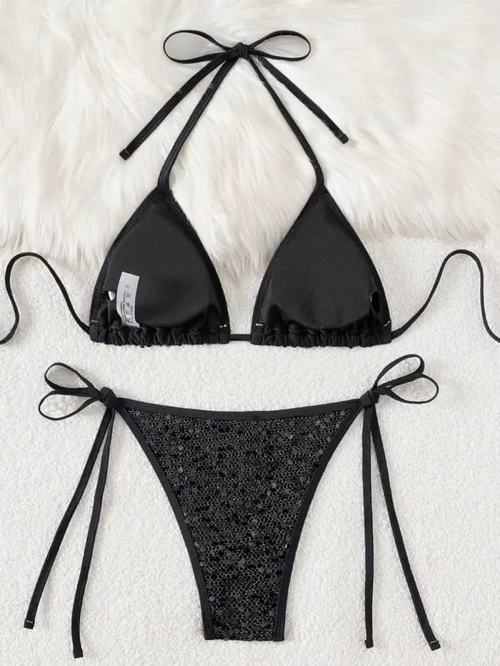 Ensemble de bikini triangle pour femmes DEKA, nouveau maillot de bain à paillettes brillantes, mode estivale, soutien-gorge rembourré, string à lacets, maillot de bain 2 pièces, multicolore, bikini