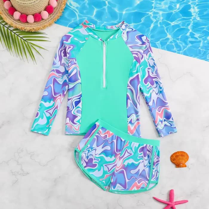 Maillot de bain deux pièces pour jeunes filles, ensemble imprimé à la mode, manches longues, fermeture éclair, protection solaire, séchage rapide, maillot de bain pour adolescents