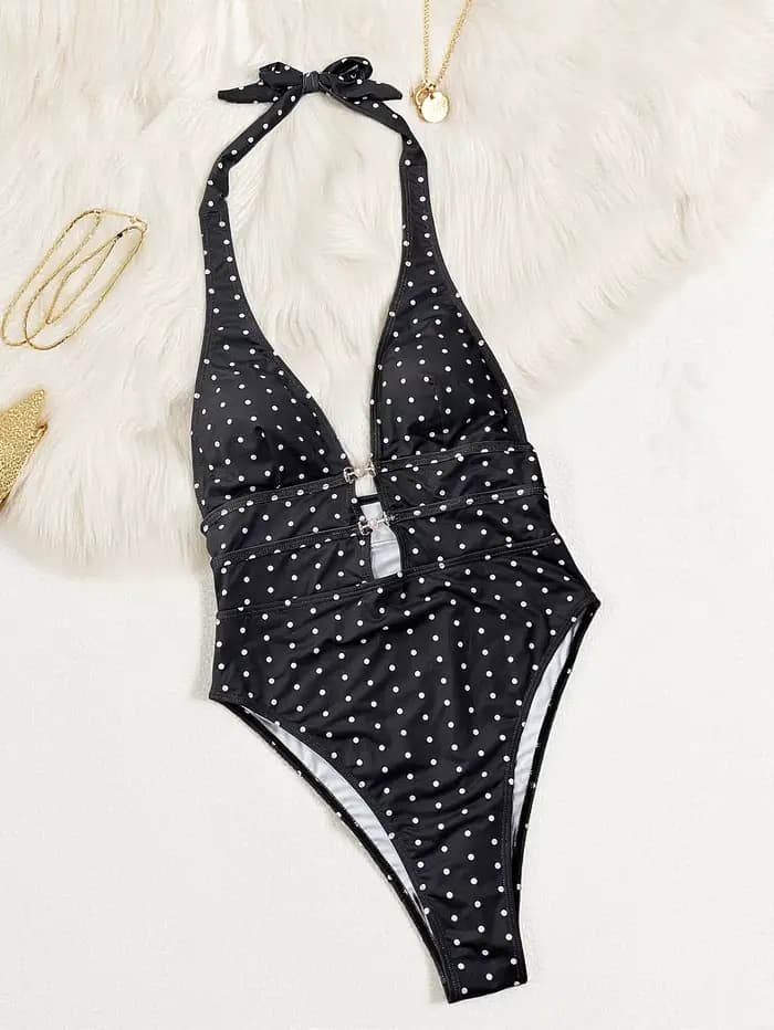 Maillot de bain une pièce sexy à pois pour femme, bikini simple, maillot de bain féminin, monokini halter string, tenue de bain